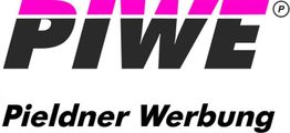Logo mit Text "PIWE Pieldner Werbung" in schwarzer und pinker Schrift.