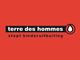 Logo van Terre des Hommes met tekst "stopt kinderuitbuiting" op rode achtergrond.