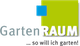Logo mit Text "GartenRAUM" und Slogan "... so will ich garteln!" in Grün, Blau und Weiß.