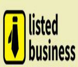 Yellow square with tie icon and words "listed business" in black font.