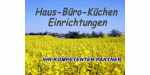 Gelbes Rapsfeld unter blauem Himmel mit Text "Haus-Büro-Küchen Einrichtungen" im Bild.