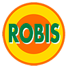 Logo de ROBIS con círculos concéntricos naranja y amarillo. Letras verdes con borde blanco.