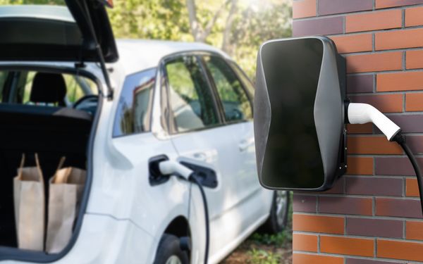 Ein E-Auto steht in der Einfahrt eines Hauses mit geöffnetem Kofferraum und Einkaufstüten darin. Das Auto lädt an der bidirektionalen Wallbox des Haues.