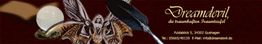 Banner mit Dreamdevil-Logo, Eule, Kristallkugel und Feder auf rotem Hintergrund. Kontaktinfo unten.