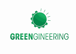 Grünes Zahnrad-Symbol mit Sonnenstrahlen und Text "GREENGINEERING" in grüner Schrift.