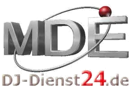 Logo mit "MDE" und Website "DJ-Dienst24.de", graue und rote Schrift, stilisierte Kugel.