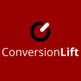 Logo mit einem stilisierten Kreis und dem Text "ConversionLift" auf rotem Hintergrund.