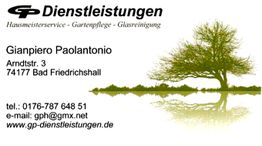 Visitenkarte von GP Dienstleistungen mit Baum, Kontaktinfos und Website.