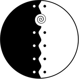 Schwarz-weißer Kreis mit Zickzack-Trennung, Spirale in der Mitte, Punkte entlang der Grenze.