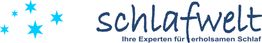 Blaue Sterne und der Schriftzug "schlafwelt. Ihre Experten für erholsamen Schlaf" auf weißem Hintergrund.