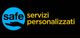 Logo con testo "safe servizi personalizzati", mano stilizzata sotto "safe" su sfondo nero.