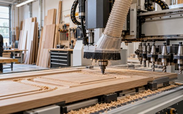 Eine moderne CNC-Fräse bearbeitet eine große Holzplatte in einer Tischlerei, während die Frässpindel präzise Konturen ausfräst und eine Absauganlage Holzstaub und Späne entfernt.