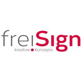 Logo mit Schrift "freiSign" und "kreative Konzepte" in Grau und Rot auf weißem Hintergrund.