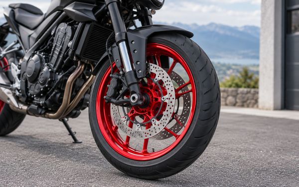 Nahaufnahme des Vorderrads eines schwarzen Motorrads mit rot pulverbeschichteter Felge vor einer Berglandschaft.