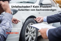 Person zeigt mit Stift auf Kratzer an weißem Auto. Text: "Unfallschaden? Kein Problem!"