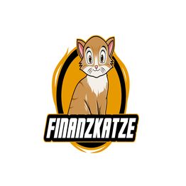 Eine cartoonhafte Katze über dem Schriftzug "Finanzkatze", umrahmt von einem orangefarbenen Oval.