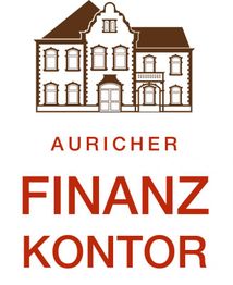 Zeichnung eines Gebäudes mit Text "Auricher Finanz Kontor" in roter Schrift darunter.