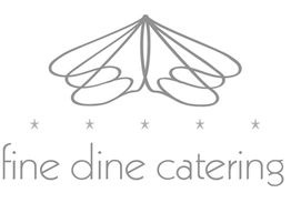 Ein minimalistisches Logo mit einer abstrakten Grafik und dem Text "fine dine catering".
