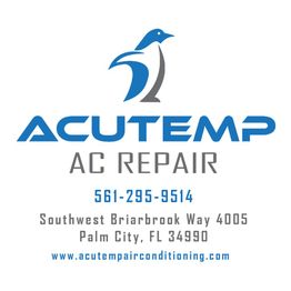 Blue and gray logo for Acutemp AC Repair with contact info and penguin graphic.
