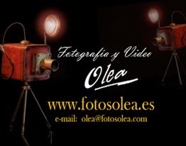 Cámara retro con texto: "Fotografía y Video Olea" y contacto www.fotosolea.es, olea@fotosolea.com.