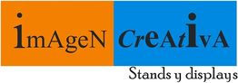 Logo que dice "imagen creativa, stands y displays" sobre fondo naranja y azul.