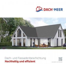 Moderner Bungalow mit schwarzem Dach, Gartenmöbeln und zwei Personen im Vorgarten.