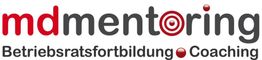 Logo von "mdmentoring" mit Zielscheibe im O; Text: "Betriebsratsfortbildung ● Coaching".