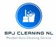 Blauw logo van SPJ Cleaning NL met pictogram van bezem en emmer. Tekst: Meubel/Auto Cleaning Service.