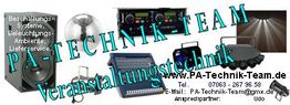 Audiogeräte mit Schriftzug: "PA-TECHNIK-TEAM, Veranstaltungstechnik, Beschallungs-Systeme".
