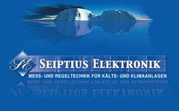 Logo von Seiptius Elektronik, spezialisiert auf Kälte- und Klimaanlagen, mit Eisberg-Hintergrund.