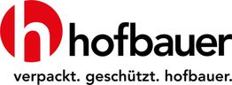 Logo von hofbauer, roter Kreis mit weißem "h", Text: "verpackt. geschützt. hofbauer."