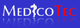 Logo mit Aufschrift "Medicotec" und Silhouette eines Menschen, blauer Hintergrund.