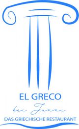 Blaues Logo mit griechischer Säule, Text: "El Greco bei Janni, das griechische Restaurant".