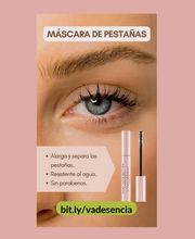 Ojo maquillado con máscara de pestañas. Texto: alargamiento, resistente al agua, sin parabenos.
