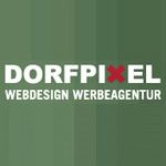 Grünes Logo mit weißem Text "DORFPIXEL Webdesign Werbeagentur" und rotem "X".