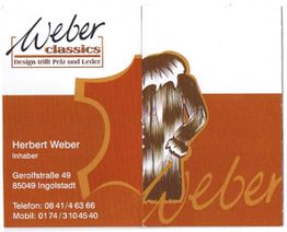 Geschäftskarte von "Weber classics" mit Kontaktdaten und Logo einer Lederjacke.