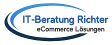 Logo mit blauem Schriftzug: "IT-Beratung Richter - eCommerce Lösungen" mit geschwungenem Element.