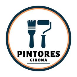 Logotipo de "Pintores Girona" con brocha y rodillo, rodeado por un círculo azul y naranja.