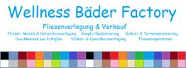 Banner mit Text "Wellness Bäder Factory" und farbiger Kachelreihe darunter. Dienstleistungen gelistet.