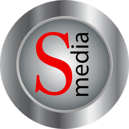 Grauer Kreis mit großem roten „S“ und schwarzem „media“ in moderner Schrift auf silbernem Hintergrund.