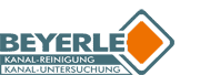 Logo mit dem Text: "BEYERLE KANAL-REINIGUNG KANAL-UNTERSUCHUNG", orange Raute daneben.