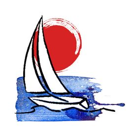 Segelboot auf blauem Meer vor roter Sonne, minimalistische Aquarell-Illustration.
