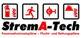 StremA-Tech-Logo mit Symbolen für Feuerlöscher, Fluchtwege, Rohrnetz und Helm in Rot und Schwarz.