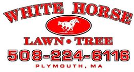 White Horse Lawn Tree service logo with phone number and location in Plymouth, MA.