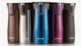Termos de viaje en varios colores: marrón, plata, azul, morado y negro, de la marca Contigo.