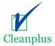 Logo mit blauem Häkchen und Text "Cleanplus" in Grün.