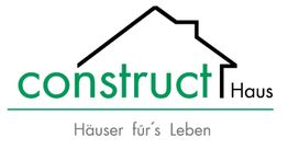 Logo mit Hausform, Text "construct Haus", Slogan "Häuser für's Leben", grün und schwarz.