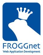Ein blaues Logo mit Frosch und Krone, darunter "FROGGnet Web Application Development".