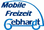 Logo: "Mobile Freizeit Gebhardt" in blauer Schrift, geformt wie ein Wohnmobil.