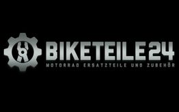 Logo von "Biketeile24" mit Zahnrad und Schriftzug "Motorrad Ersatzteile und Zubehör".